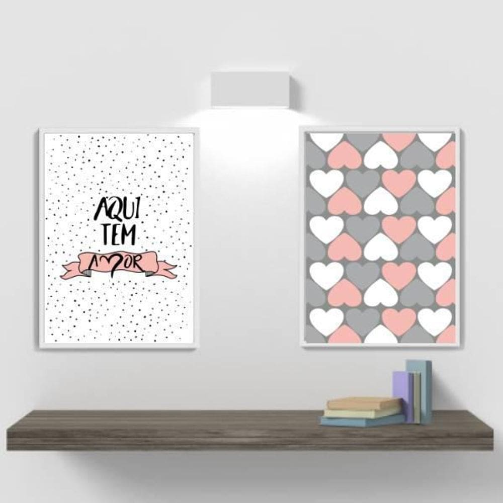 Kit 2 Quadros Aqui Tem Amor Rosa 33X24Cm