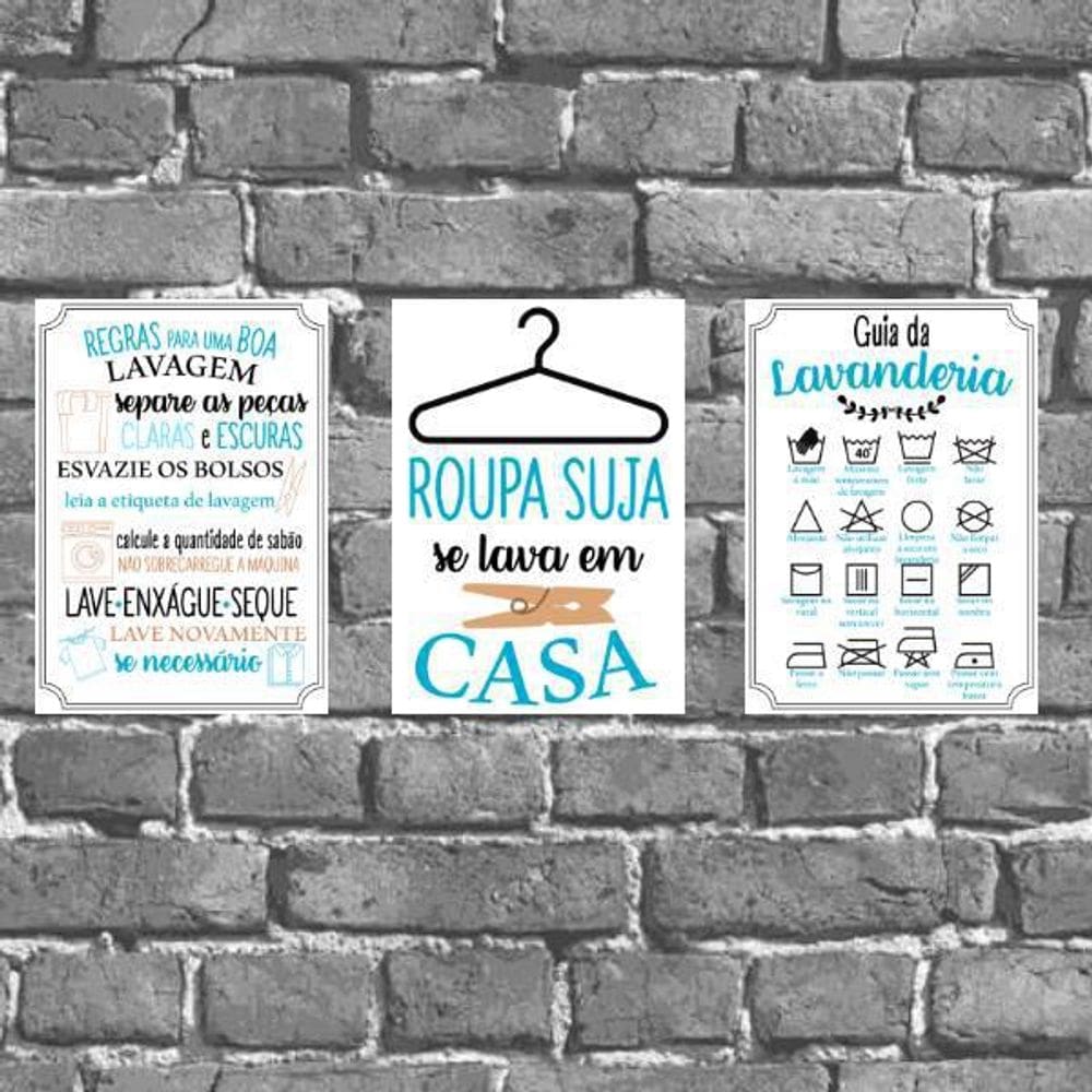 Kit 3 Placas Decorativas Lavanderia Azul 18X27Cm
