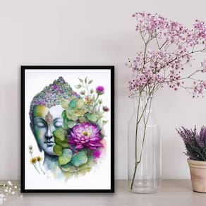 Quadro Aquarela Buda Com Flor De Lotus 45X34Cm Preta