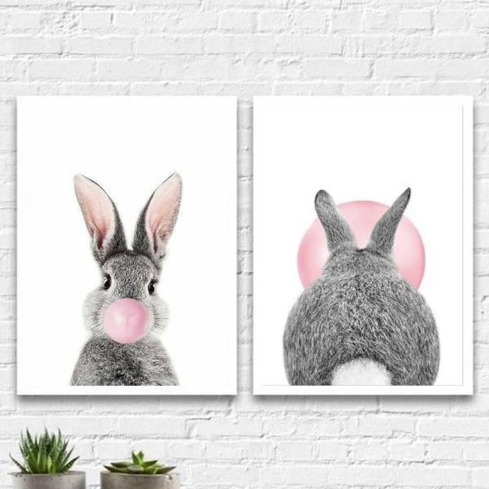 Quadros Coelhos Bubble Gum Moldura Branca 24X18Cm 2 Peças