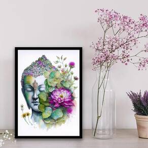 Quadro Aquarela Buda Com Flor De Lotus 45X34Cm Preta