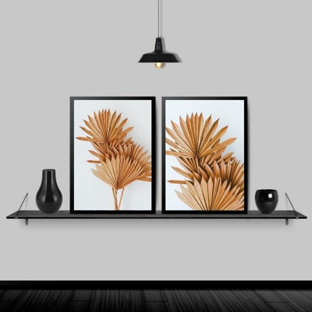 Kit 2 Quadros Neutros Folhas Leque 33X24Cm - Madeira Preta