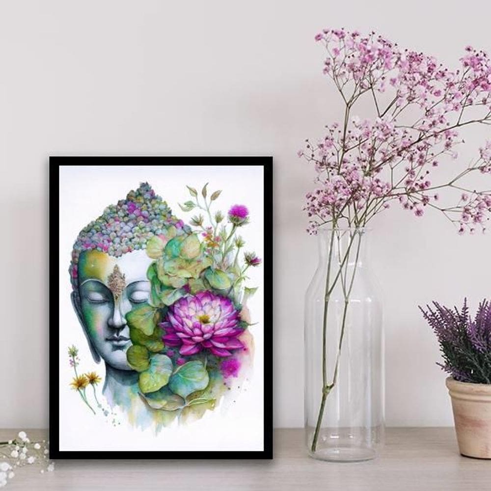 Quadro Aquarela Buda Com Flor De Lotus 45X34Cm Preta