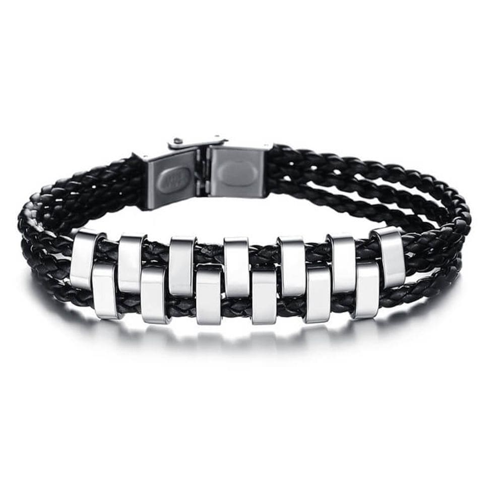 Pulseira Masculina de Couro Trançado e Aço