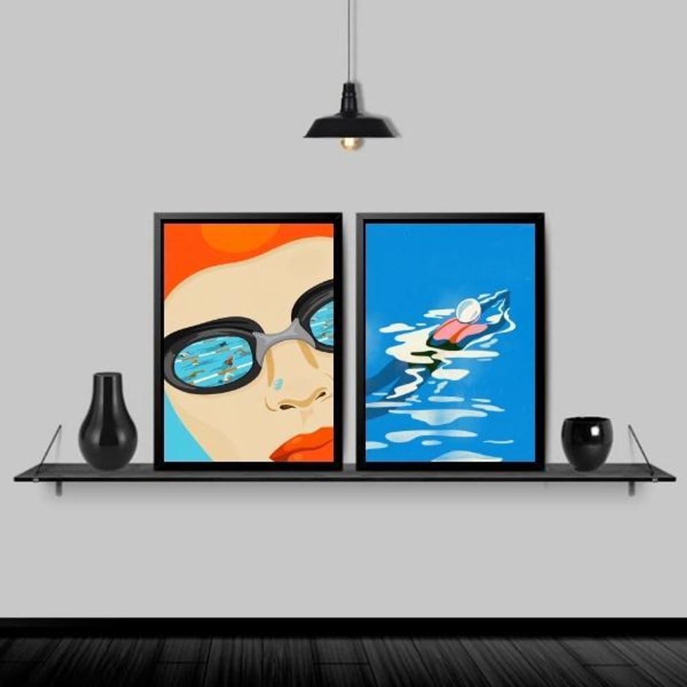 Kit 2 Quadros Decorativos Natação 45X34Cm - Com Vidro Preta