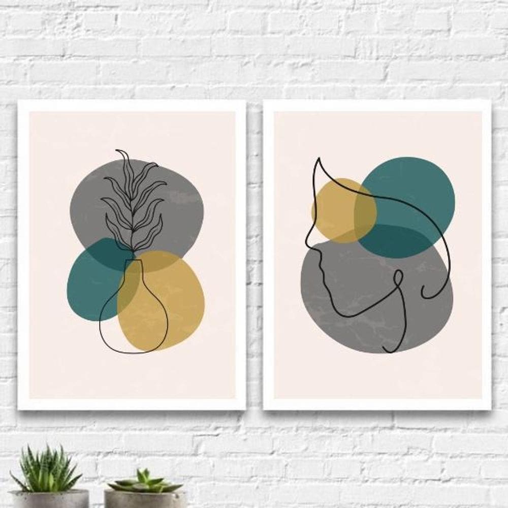 Quadros Abstratos Vaso Contorno Moldura Branca 45X34Cm 2Un