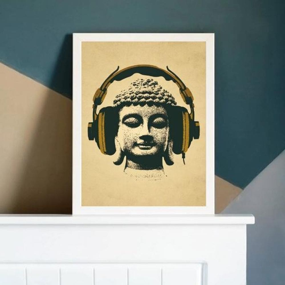 Quadro Decorativo Music Buda 24X18Cm C/Vidro Madeira Branca