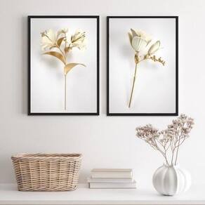 Kit 2 Quadros Flores Brancas Com Dourado 45X34 C/Vidro Preta