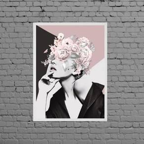 Quadro Mulher Geométrico Com Flores Rosas 24X18Cm Com Vidro