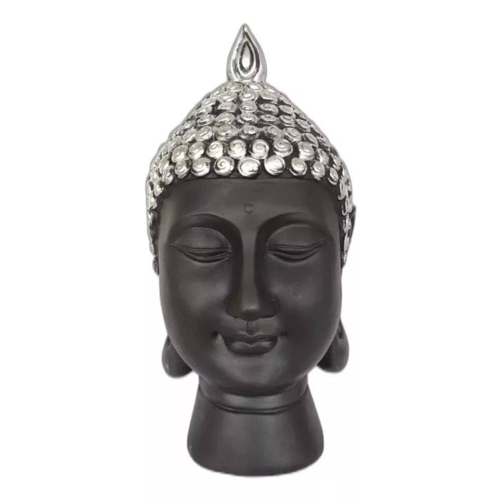 Buda Decoração Escultura Resina Preto Prata 24X12