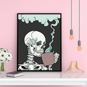 Quadro Decorativo Caveira Tomando Café 24X18Cm Vidro - Preta