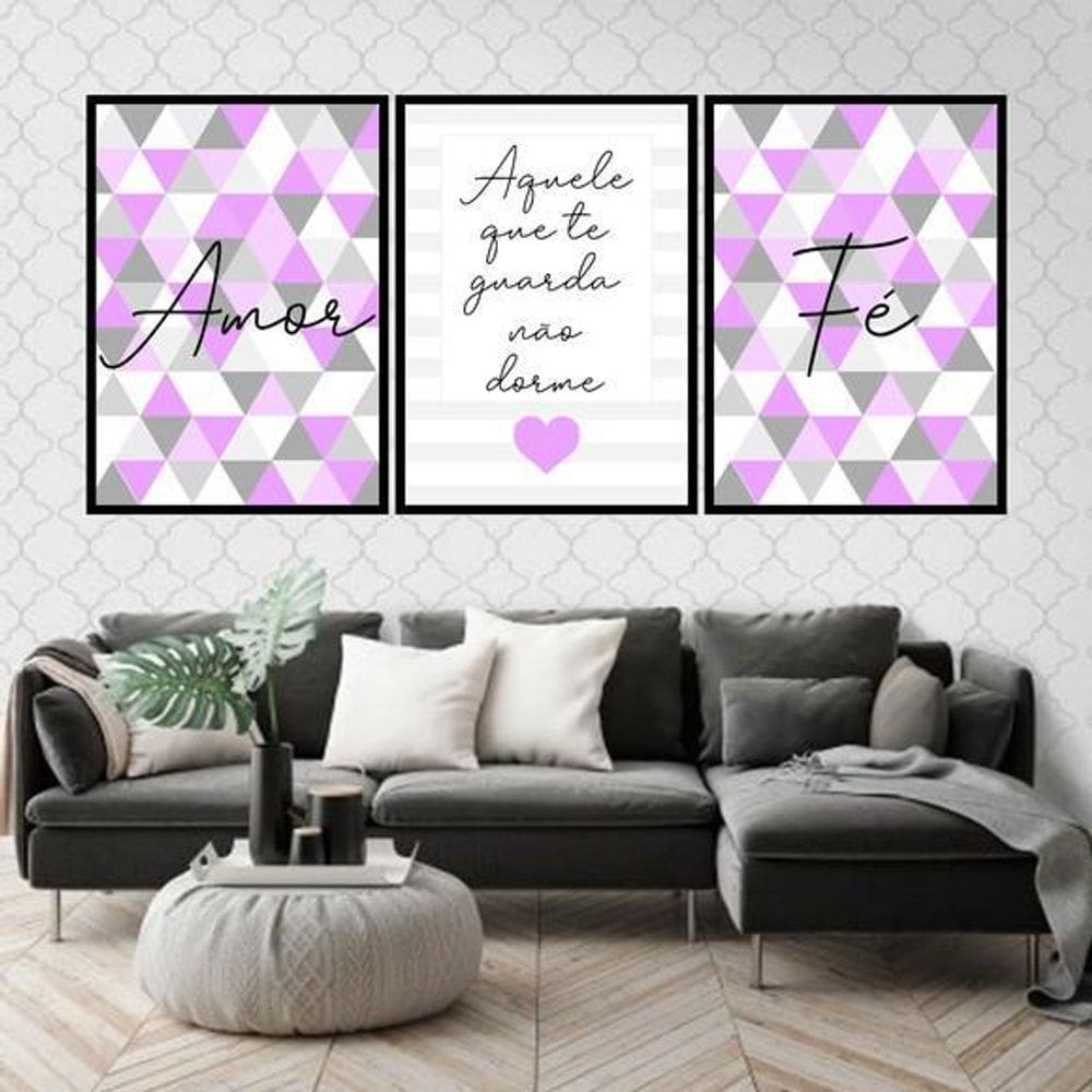 Quadros Amor Geométrico Rosa Moldura Preta 24X18Cm 3Un