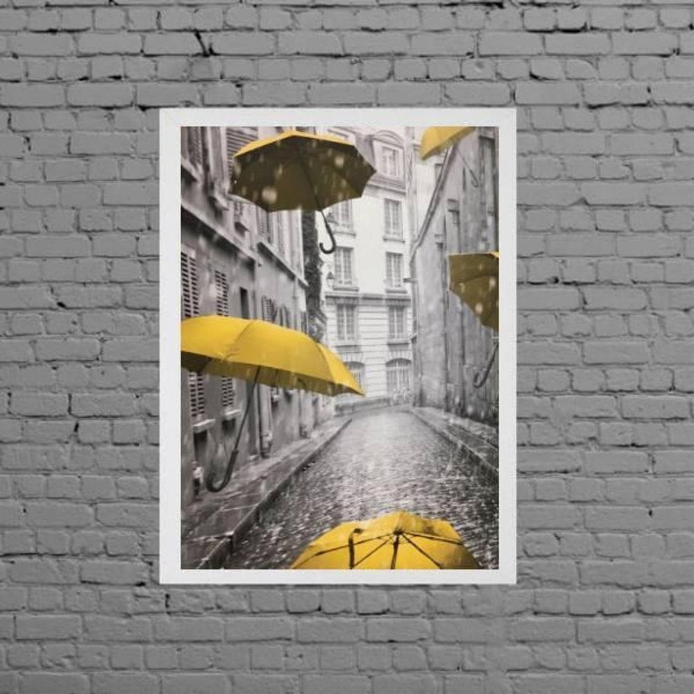 Quadro Decorativo Sombrinhas Amarelas 33X24Cm Moldura Branca