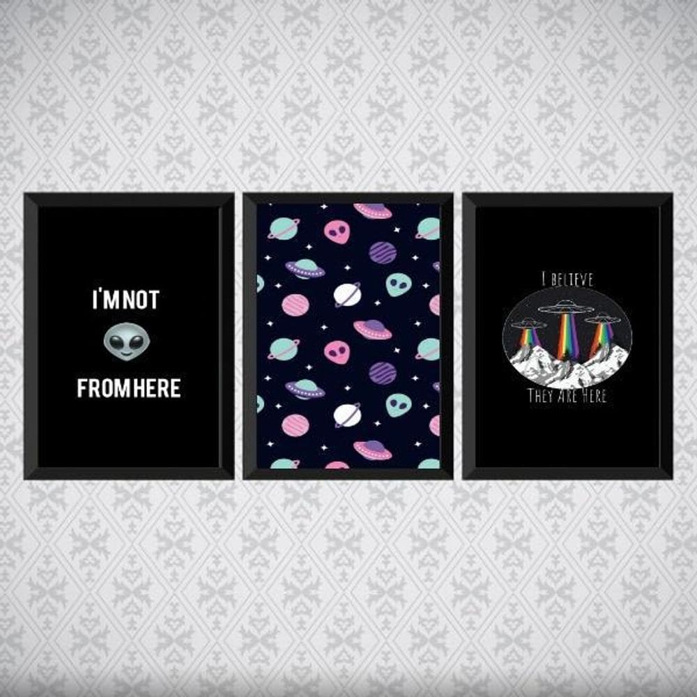 Kit 3 Quadros I Believe Ovnis 45X34Cm Moldura Preta