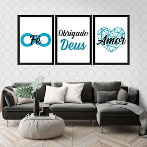 Quadro Fé Obrigado Deus Amor Azul Moldura Preta 24X18Cm 3Un