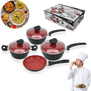 Conjunto Panelas Antiaderente com Tampa de Vidro 04 peças Fogão a Gàs Elétricos Indução Preto e Vermelho