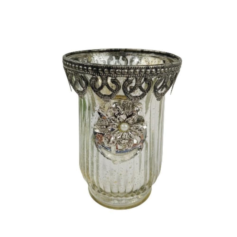 Vasinho Castiçal Vidro Vaso Prata 16X10Cm Decoração