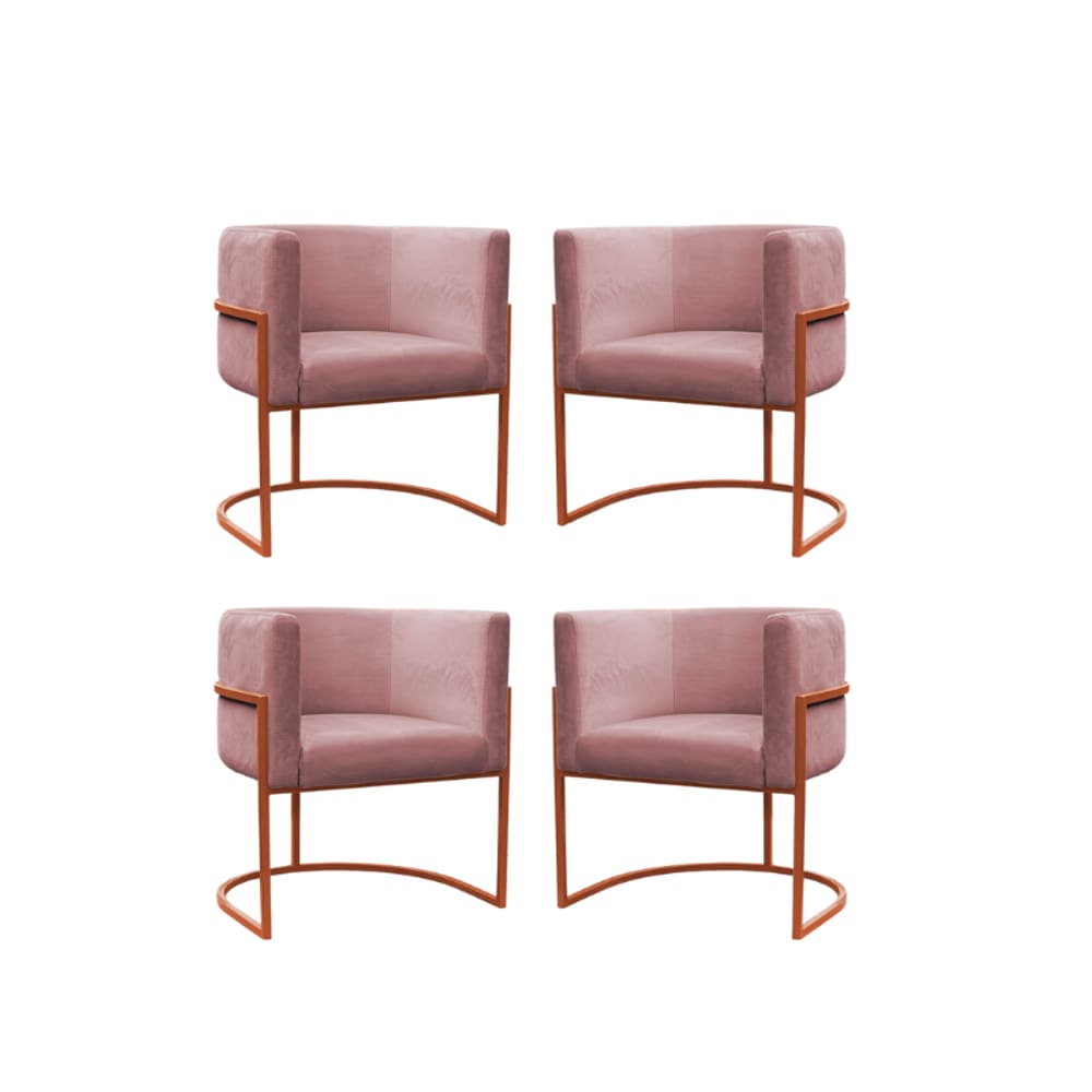 Kit 4 Poltronas Reforçada Decorativa Sala Carla Base Ferro Bronze Suede Rose