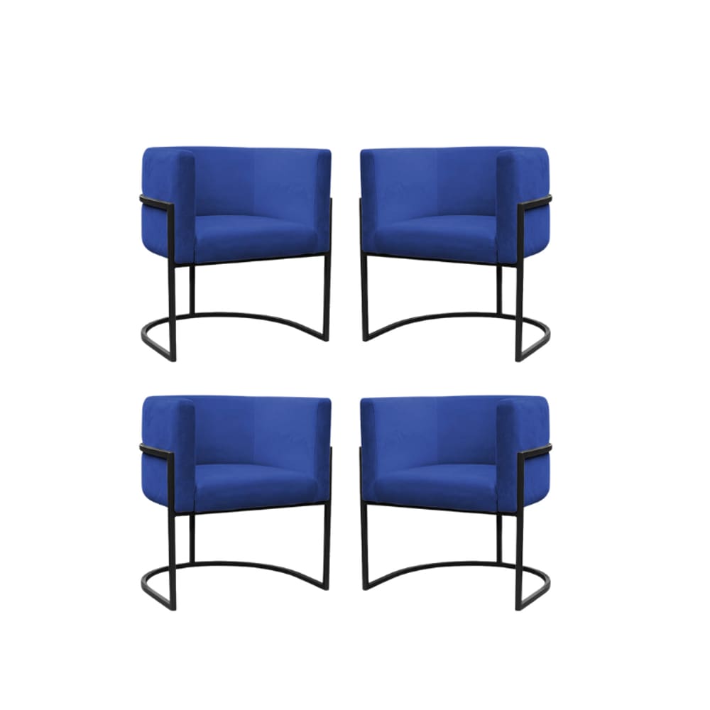 Kit 4 Poltronas Reforçadas Decorativa Sala Carla Base Ferro Preta Suede Azul Marinho