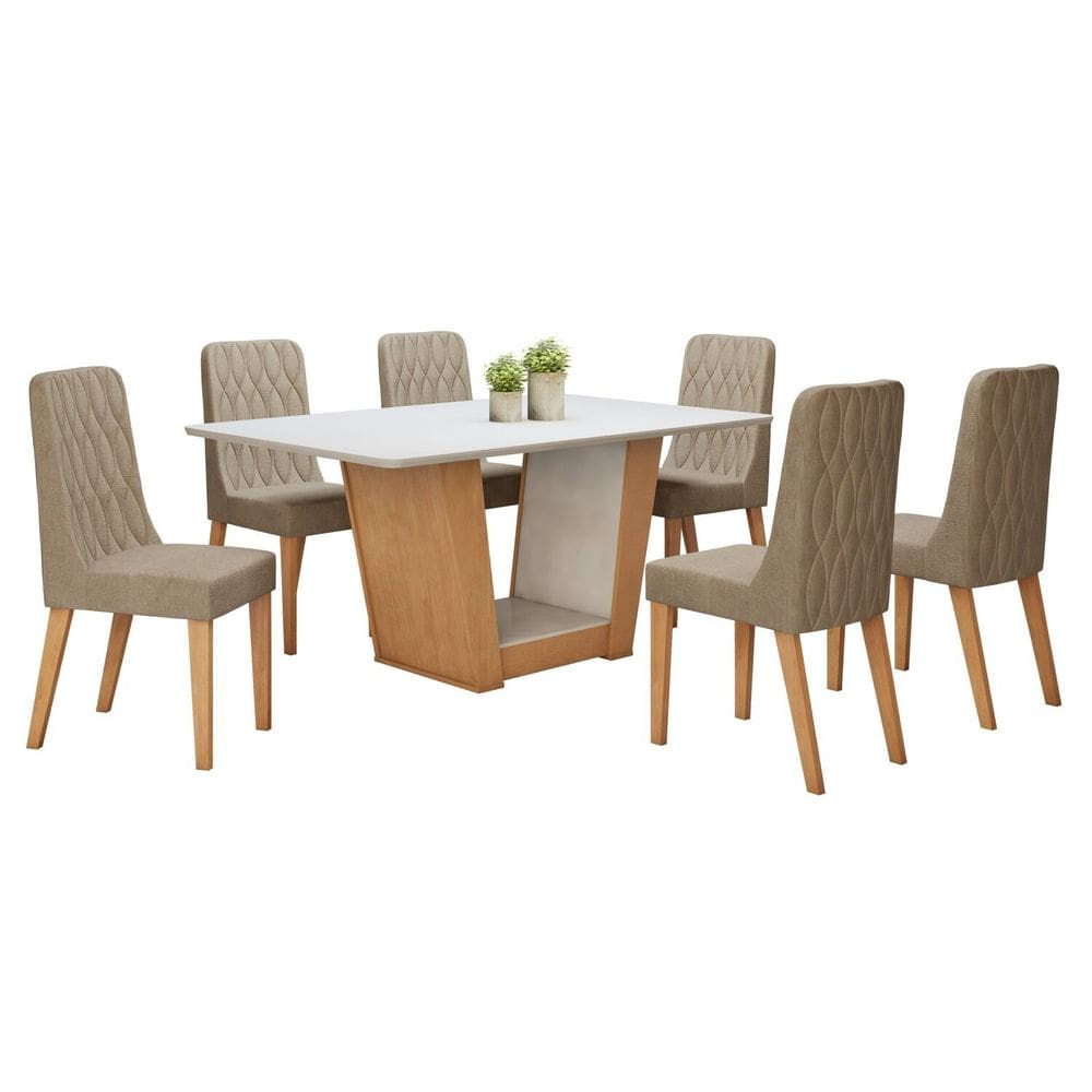 Conjunto Sala de Jantar 170cm Tampo MDF com 6 Cadeiras Amêndoa Clean/Off White/Bege