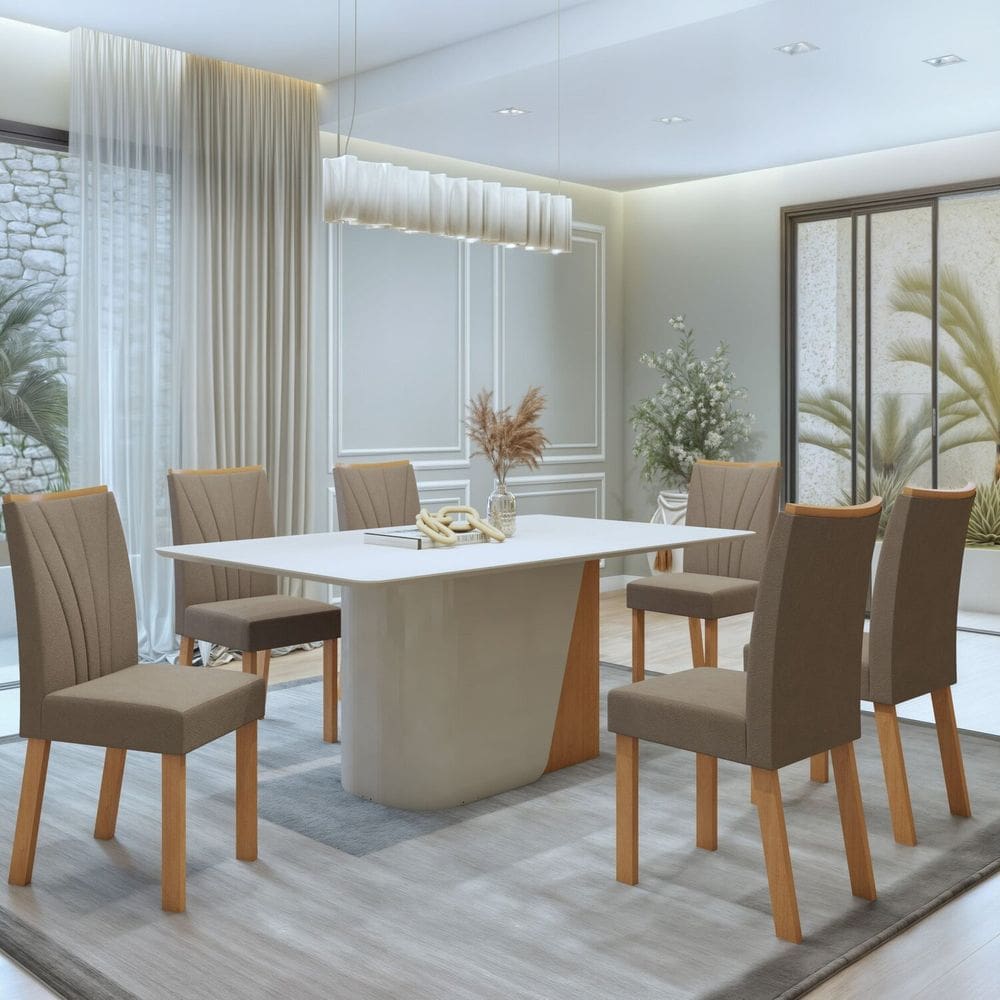 Conjunto Luar 170cm Tampo em MDF com 6 Cadeiras Apogeu Amêndoa Clean/Off White/Bege