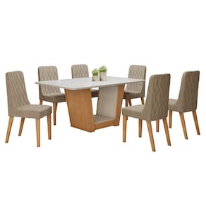Conjunto Sala de Jantar 160cm Tampo MDF com Vidro e 6 Cadeiras Amêndoa Clean/Off White/Bege