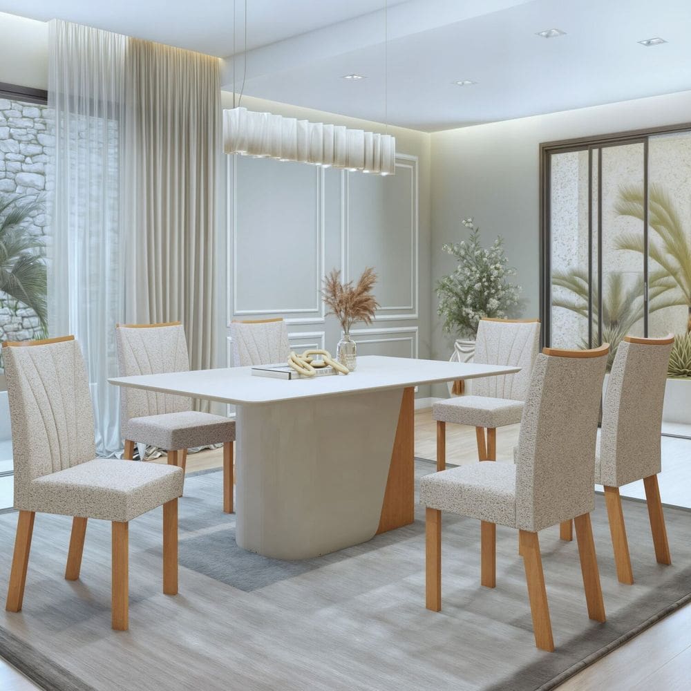 Conjunto Luar 170cm Tampo em MDF com 6 Cadeiras Apogeu Amêndoa Clean/Off White/ Bege