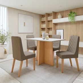 Conjunto Sala de Jantar Tampo MDF com 4 Cadeiras Amêndoa Clean/Off White/Bege