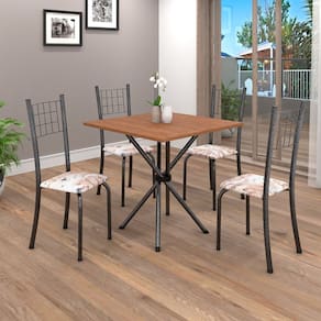 Conjunto de Mesa Tubular 70cm X 70cm Tampo em Mdf com 4 Cadeiras Dany Botanic Bege / Mart Prata