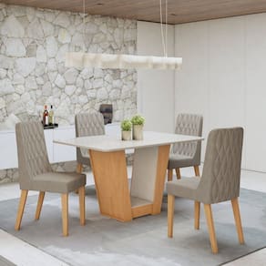 Conjunto Apogeu 120cm Tampo MDF com Vidro e 4 Cadeiras Luar Amêndoa Clean/Off White/Liso Capuccino