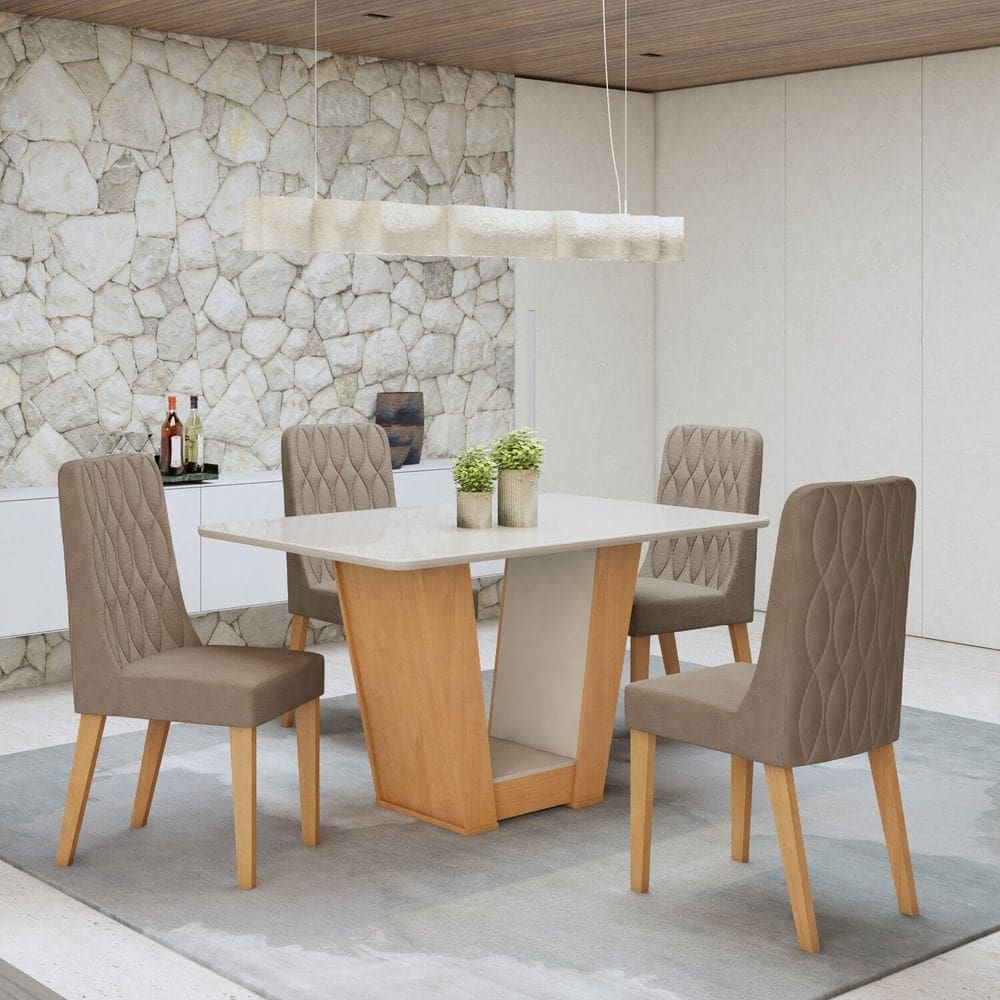 Conjunto Apogeu 120cm Tampo MDF com Vidro e 4 Cadeiras Luar Amêndoa Clean/Off White/Animale Bege