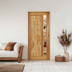 Porta Couro em Pé Losango Batente 14 Puxador Barra Chata 80 CM 102 X 210 Esquerdo Rodam Natural