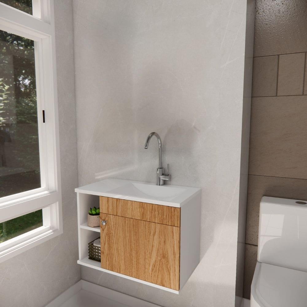 Conjunto Gabinete para Banheiro com Cuba Itália Marrom/Branco