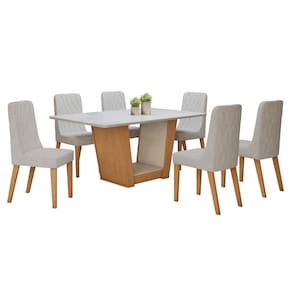 Conjunto Sala de Jantar 160cm Tampo MDF com Vidro e 6 Cadeiras  Amêndoa Clean/Off White/Bege