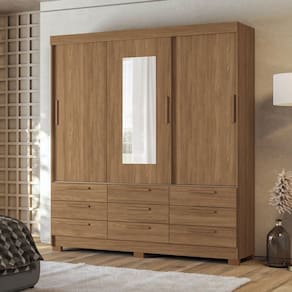 Guarda-Roupa Morretes 3 Portas de Correr 9 Gavetas com Espelho Jatoba