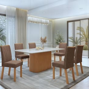 Conjunto Luar 170cm Tampo MDF com Vidro e 6 Cadeiras Apogeu Amêndoa Clean/Off White/Morano Avelâ