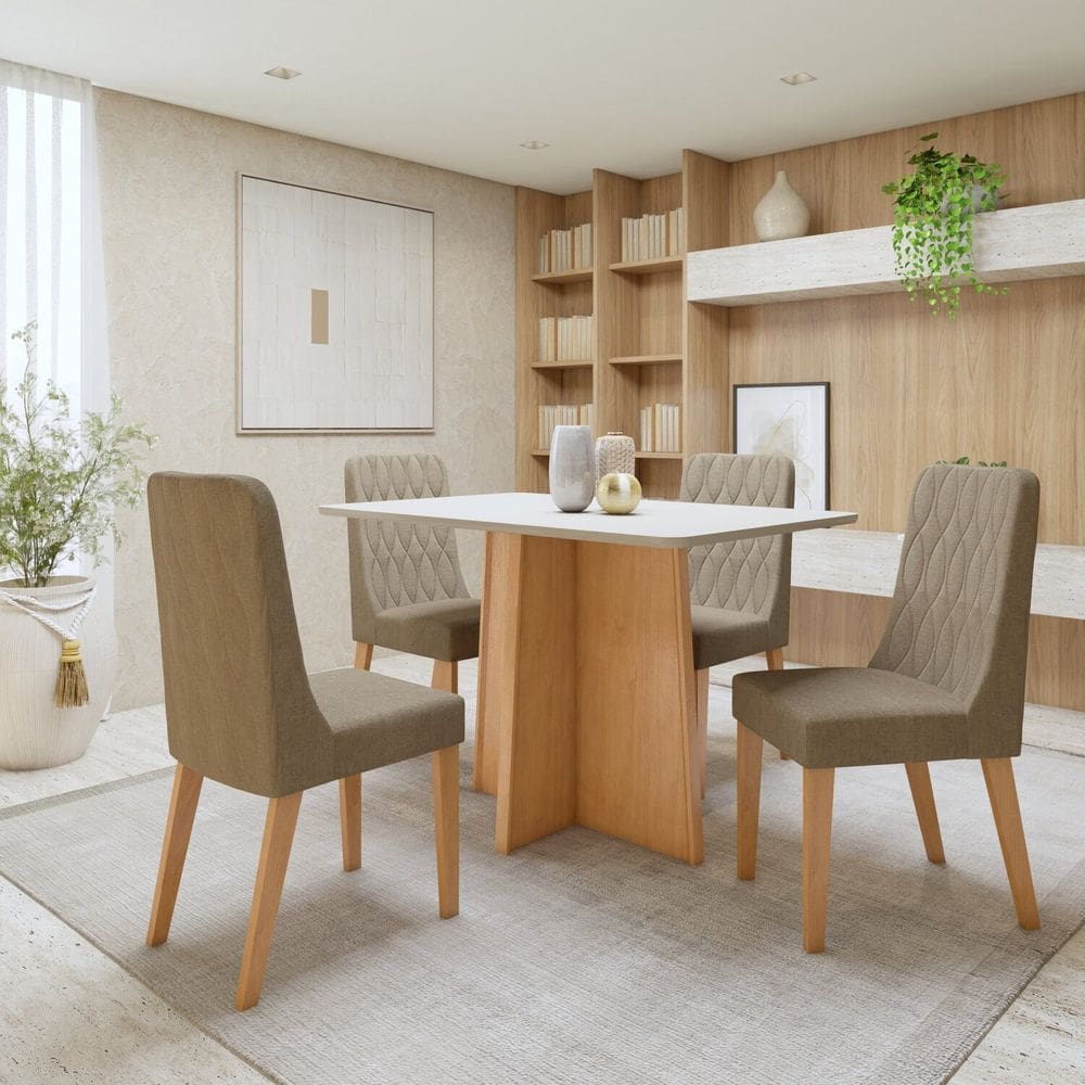 Conjunto Sala de Jantar Tampo MDF com 4 Cadeiras Amêndoa Clean/Off White/Bege