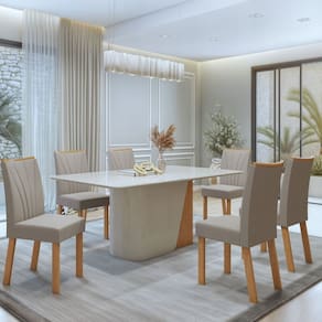 Conjunto Luar 170cm Tampo MDF com Vidro e 6 Cadeiras Apogeu Amêndoa Clean/Off White/ Naturale Creme