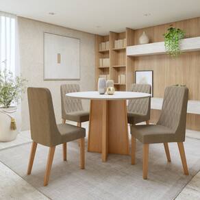 Conjunto de Mesa com 4 Cadeiras Tampo Redondo em MDF Luar Amêndoa Clean/Off White/Bege