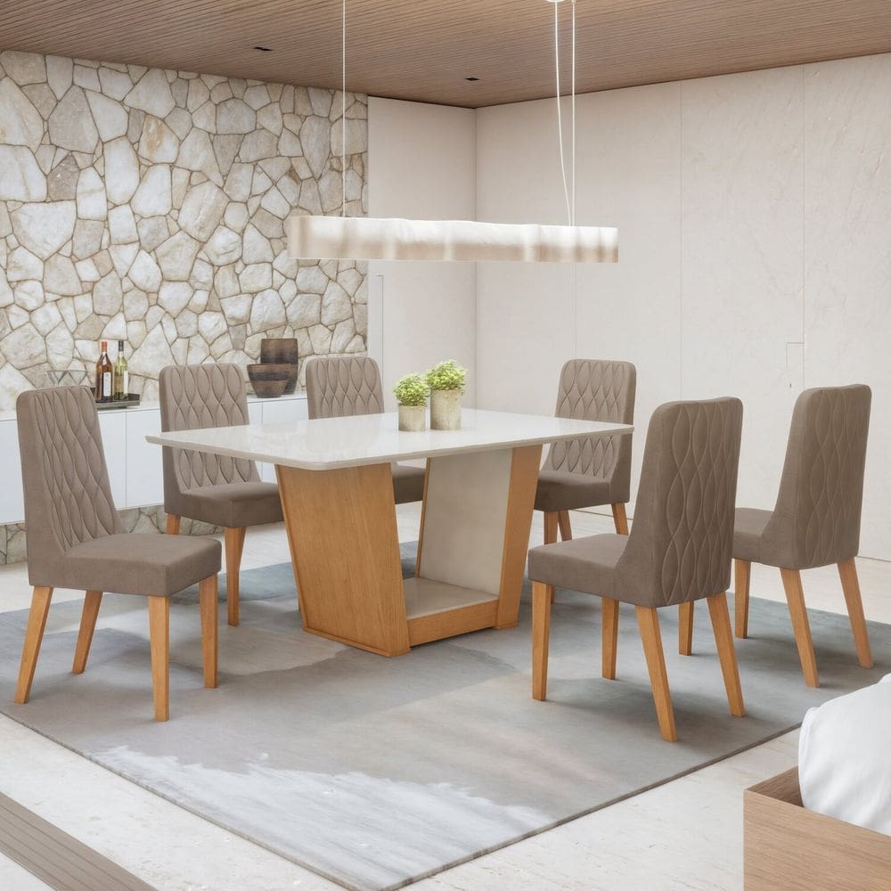 Conjunto Apogeu 170cm Tampo MDF com Vidro e 6 Cadeiras Luar Amêndoa Clean/Off White/Animale Bege