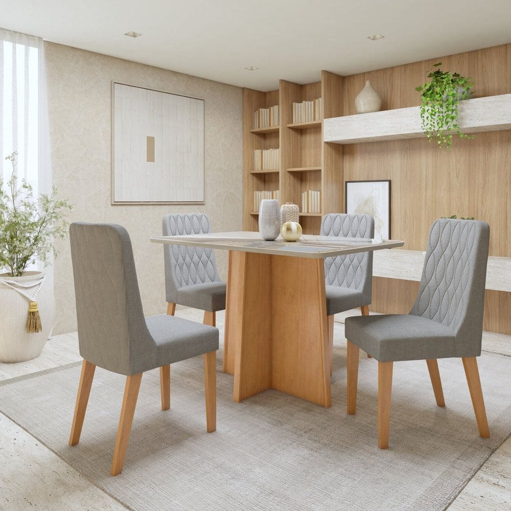 Conjunto Sala de Jantar Tampo MDF com 4 Cadeiras Amêndoa Clean/Off White/Cinza