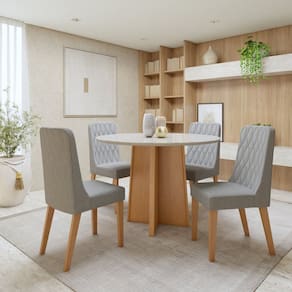 Conjunto de Mesa e 4 Cadeiras Tampo Redondo em MDF com Vidro e 4 Cadeiras Luar Amêndoa Clean/Off White/Mosaico Cinza
