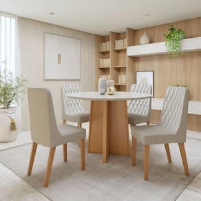 Conjunto de Mesa e 4 Cadeiras Tampo em MDF com Vidro Luar Amêndoa Clean/Off White/Bege