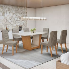 Conjunto Apogeu 170cm Tampo MDF com Vidro e 6 Cadeiras Luar Amêndoa Clean/Off White/Liso Capuccino