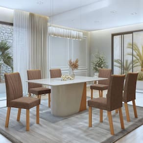 Conjunto Luar 170cm Tampo MDF com Vidro e 6 Cadeiras Apogeu Amêndoa Clean/Off White/ Avelâ