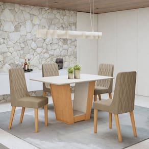 Conjunto Sala de Jantar Mesa Apogeu com 4 Cadeiras Luar Amêndoa Clean/Off White/Rinzai Bege