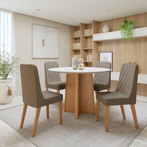 Conjunto de Mesa com 4 Cadeiras Tampo Redondo em MDF Luar Amêndoa Clean/Off White/Bege