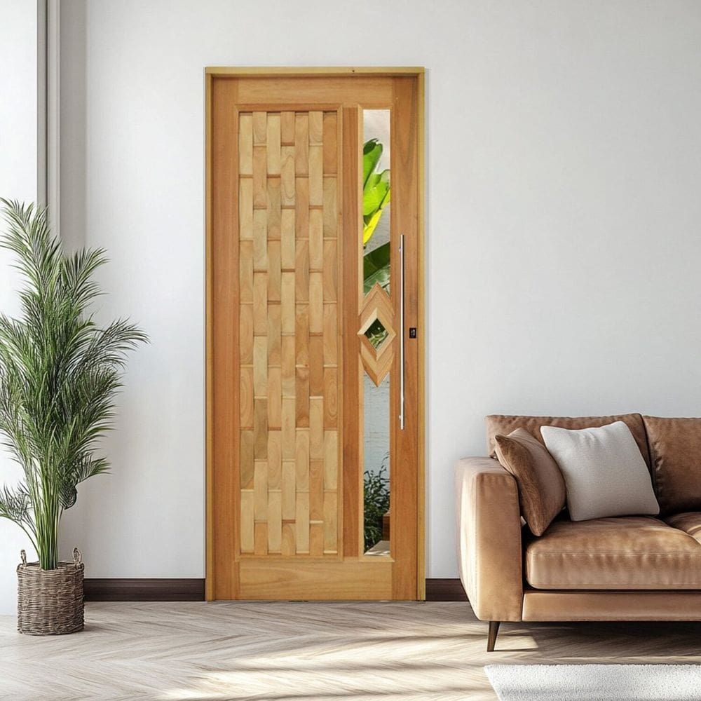 Porta Couro em Pé Losango Batente 14 Puxador Tubo 80 CM 92 X 210 Esquerdo Rodam Natural