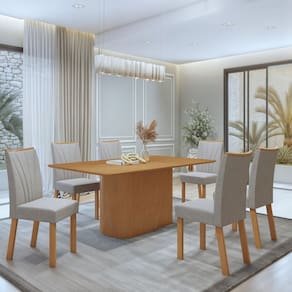 Conjunto Sala de Jantar Luar 170Cm Tampo No Glass com 6 Cadeiras Apogeu Amêndoa Clean/Linho Mosaico Cinza