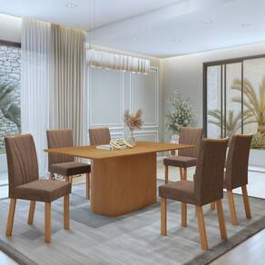 Conjunto Sala de Jantar Luar 170Cm Tampo No Glass com 6 Cadeiras Apogeu Amêndoa Clean/Couro Morano Avelâ